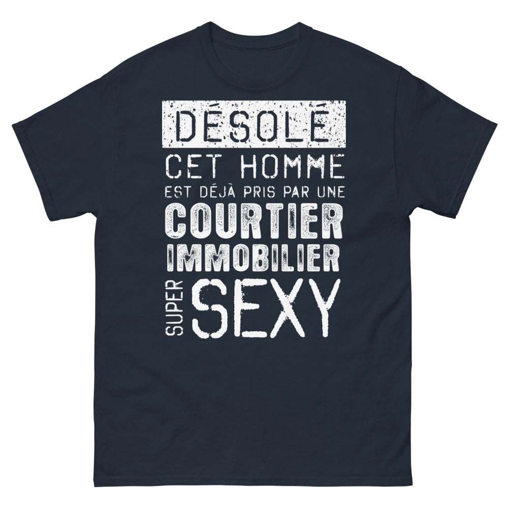 T-shirt humour immobilier bleu marine - Désolé, cet homme est déjà pris