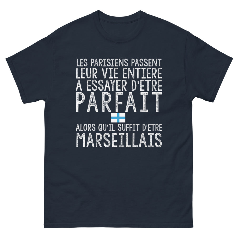 T-shirt Parisiens vs Marseillais marine - Les Parisiens leur vie entière, suffit d'être Marseillais