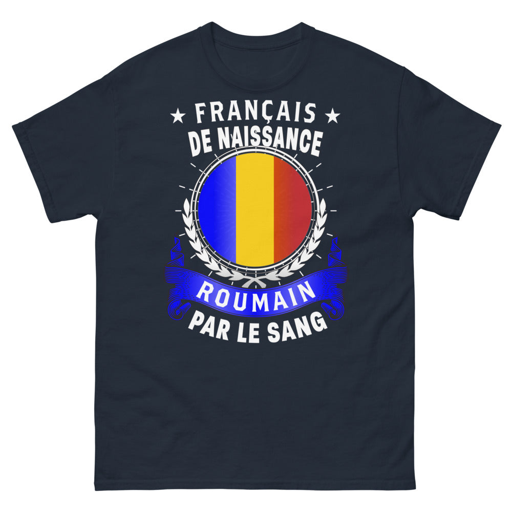 T-shirt France Roumanie bleu marine - Français de Naissance, Roumain par le Sang