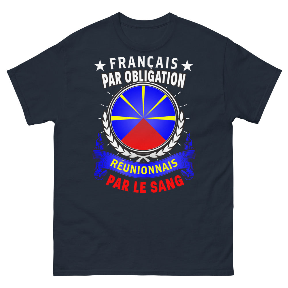 T-shirt Réunion bleu marine - Réunionnais par obligation, Français par le sang