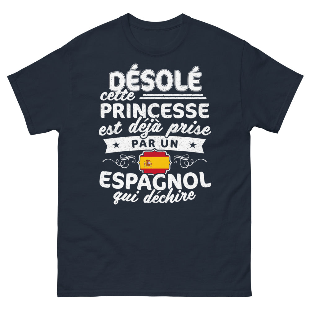 T-shirt espagnol bleu marine - Désolé princesse déjà prise par un Espagnol qui déchire