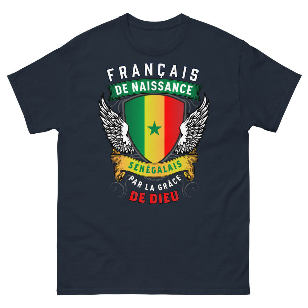 T-shirt France Sénégal bleu marine - Français de naissance, Sénégalais par la grâce de Dieu