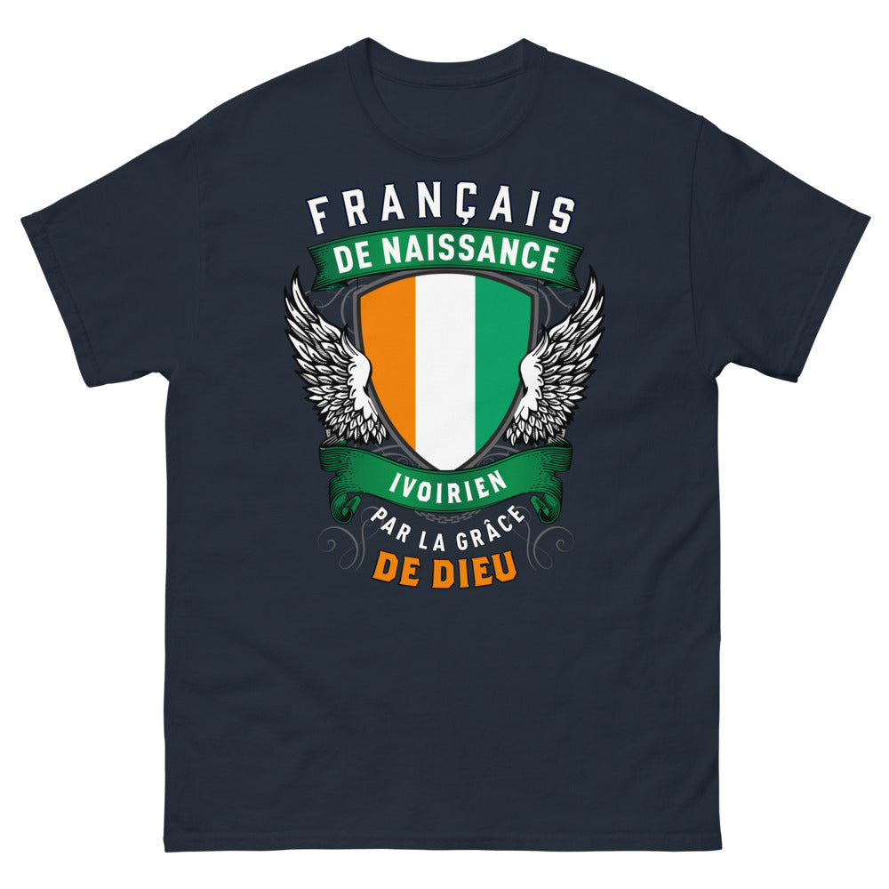T-shirt franco-ivoirien marine - Français de naissance, Ivoirien par la grâce de Dieu