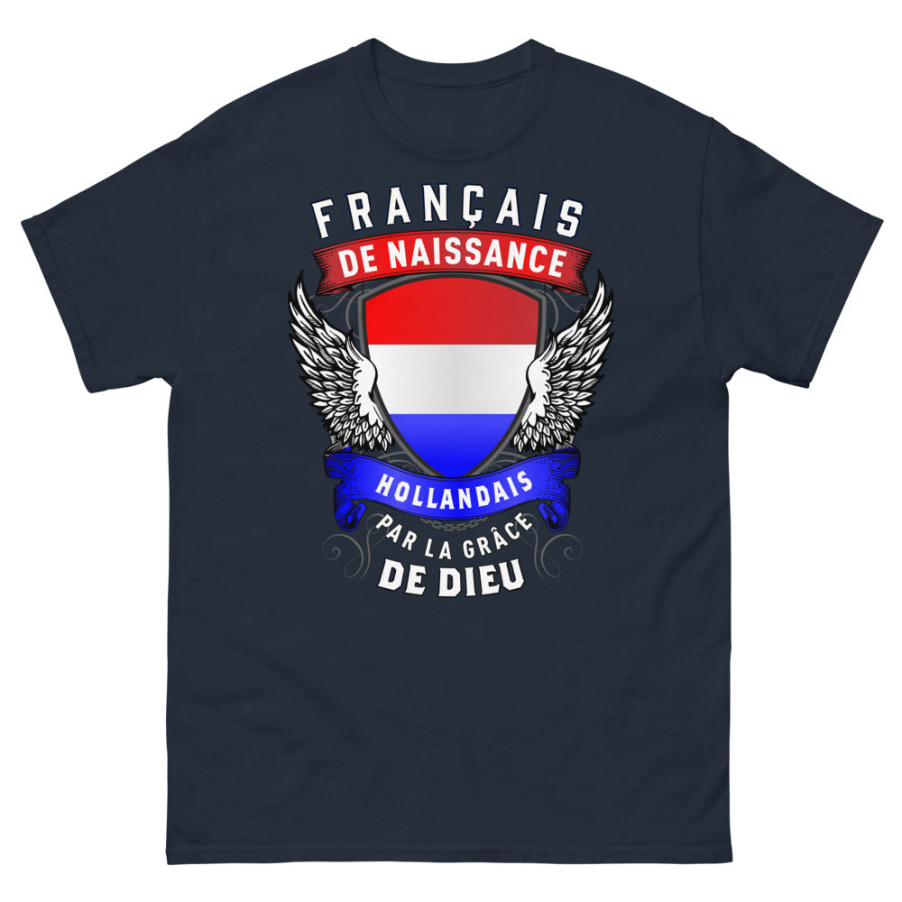 T-shirt Français-Hollandais bleu marine - Français de naissance, Hollandais par la grâce de Dieu