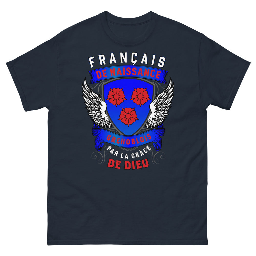T-shirt Grenoblois bleu marine - Français de naissance, grâce de Dieu