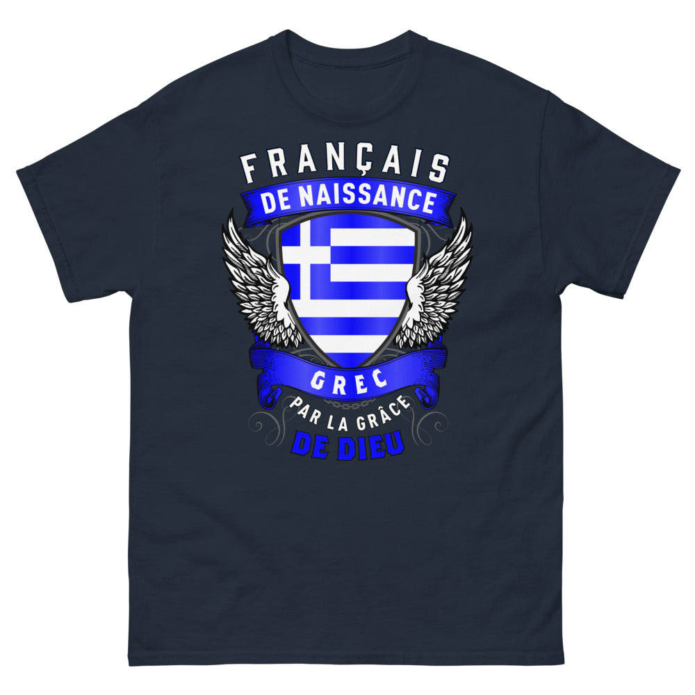 T-shirt France Grèce bleu marine - Français de naissance, Grec par la grâce de Dieu