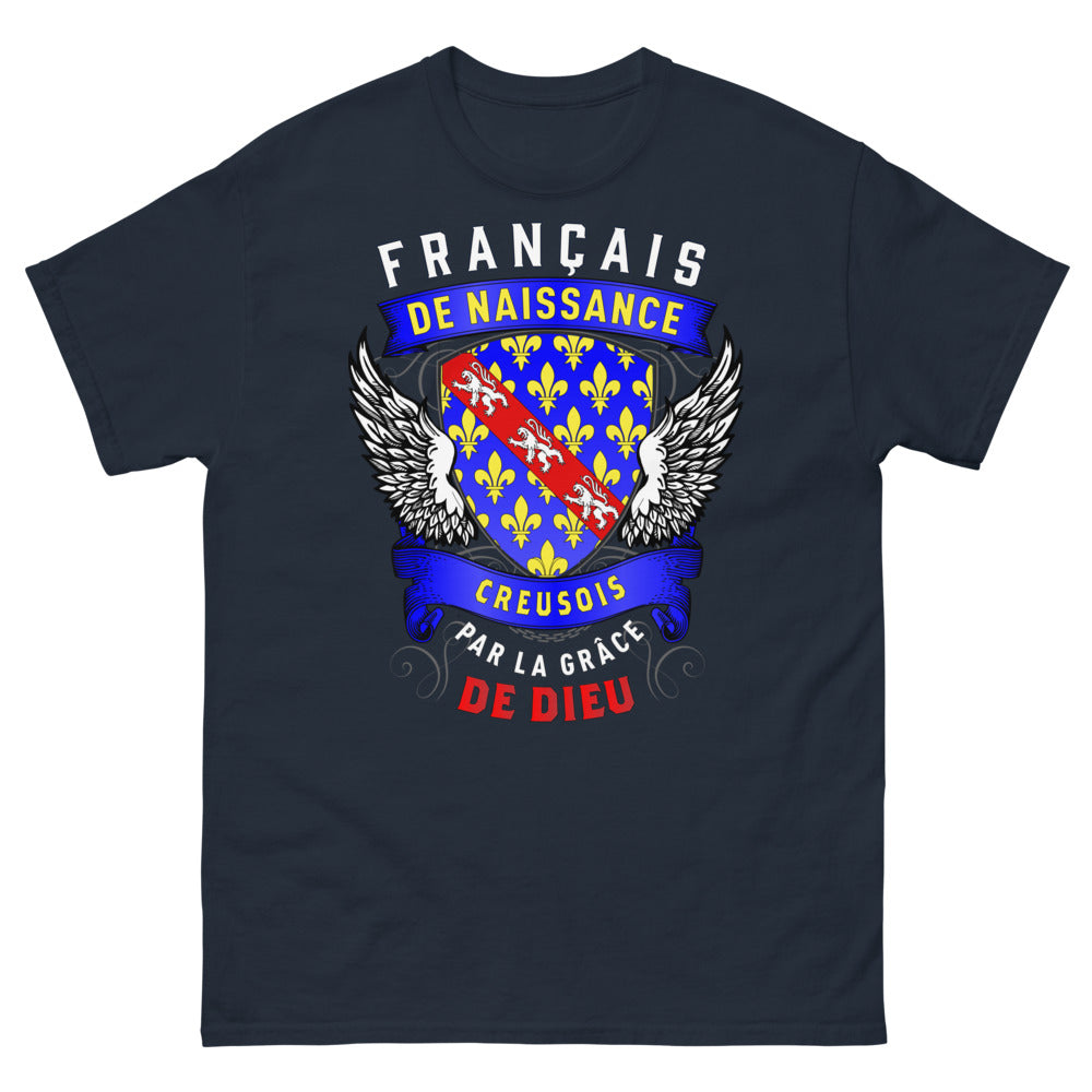 T-shirt Creuse bleu marine - Français de naissance, Creusois par la grâce de Dieu
