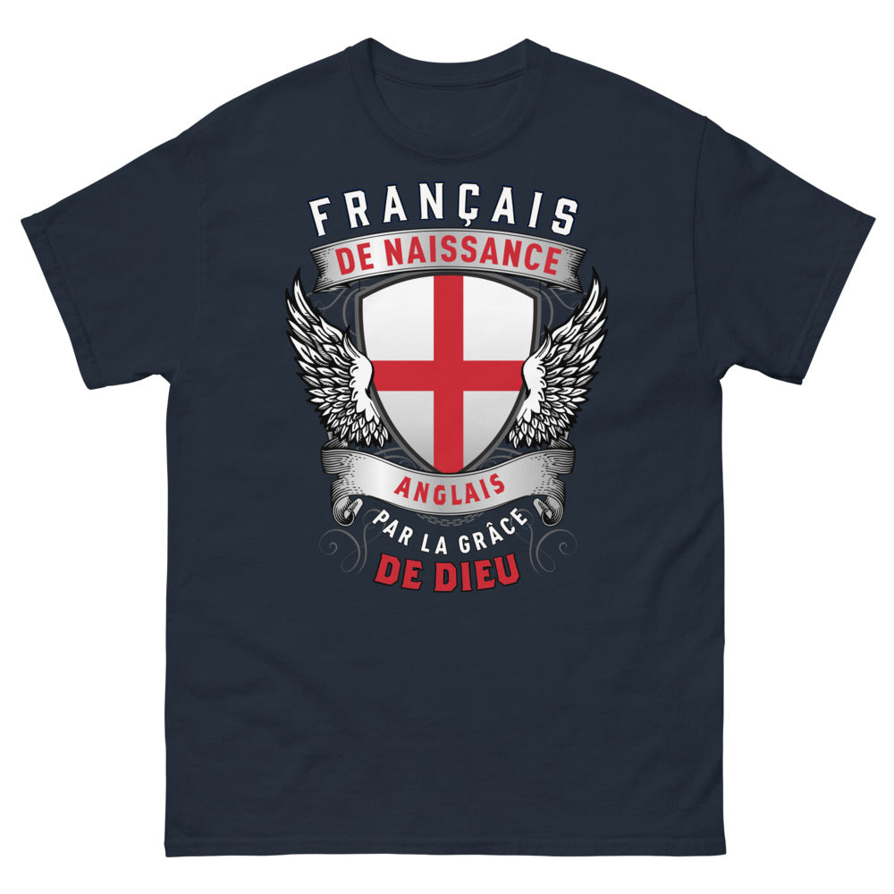 T-shirt franco-anglais bleu marine - Français de naissance, Anglais par la grâce de Dieu