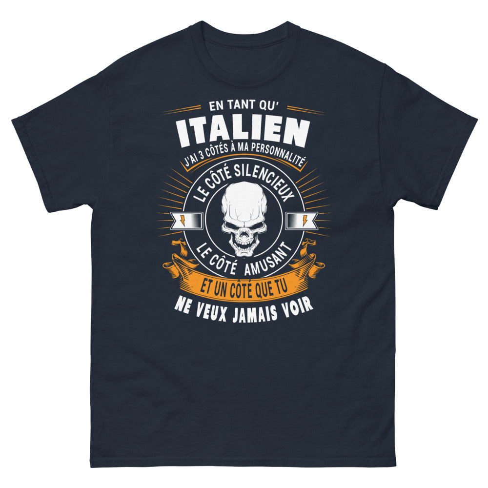 T-shirt Italie bleu marine - En tant qu'Italien, 3 côtés: silencieux, amusant, dangereux