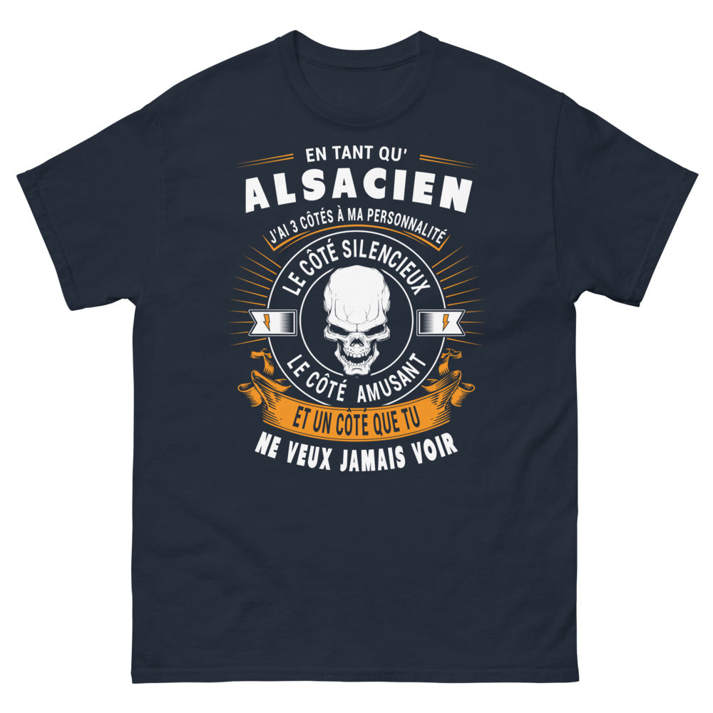 T-shirt Alsacien bleu marine - 3 côtés: silencieux, amusant, le côté à éviter