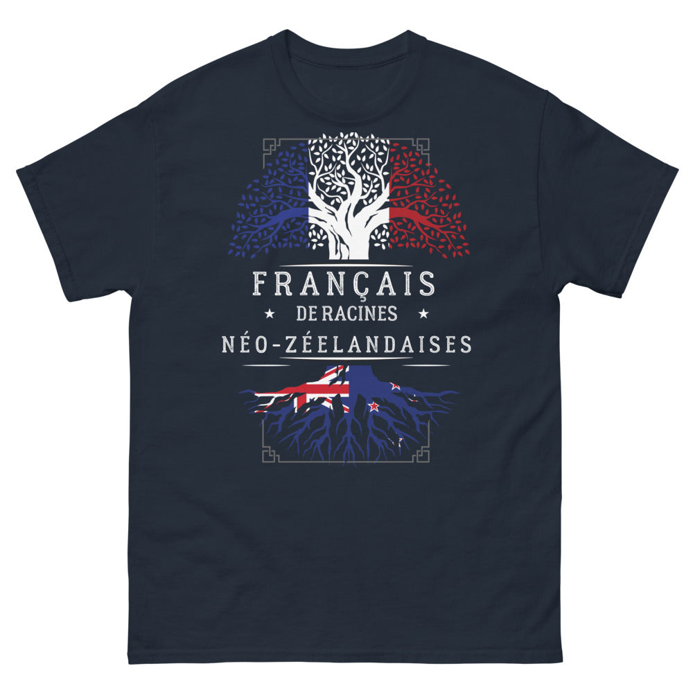 T-shirt Français racines Néo-Zélandaises marine - croissants et kiwi