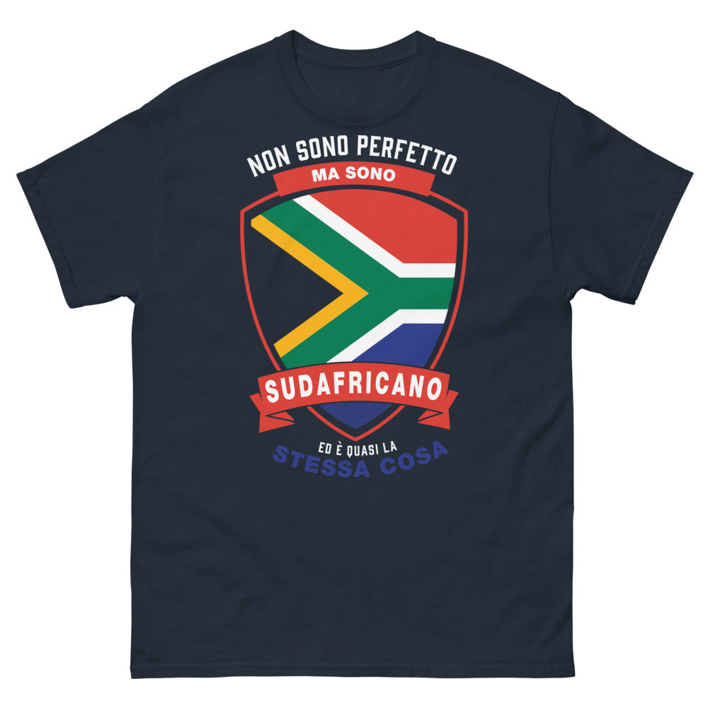 T-Shirt Sudafricano Blu Navy - slogan italiano 'Non sono perfetto ma sono sudafricano'