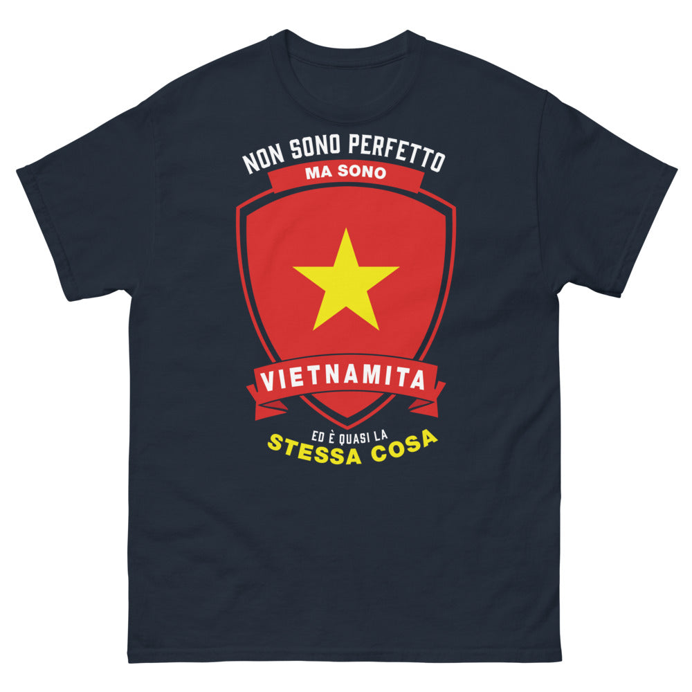 T-Shirt Vietnamita blu - slogan italiano divertente 'Non sono perfetto ma sono vietnamita'