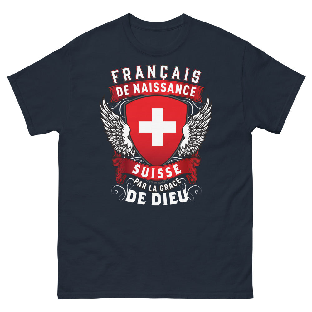 T-shirt Français-Suisse marine - Français de naissance, Suisse par la grâce