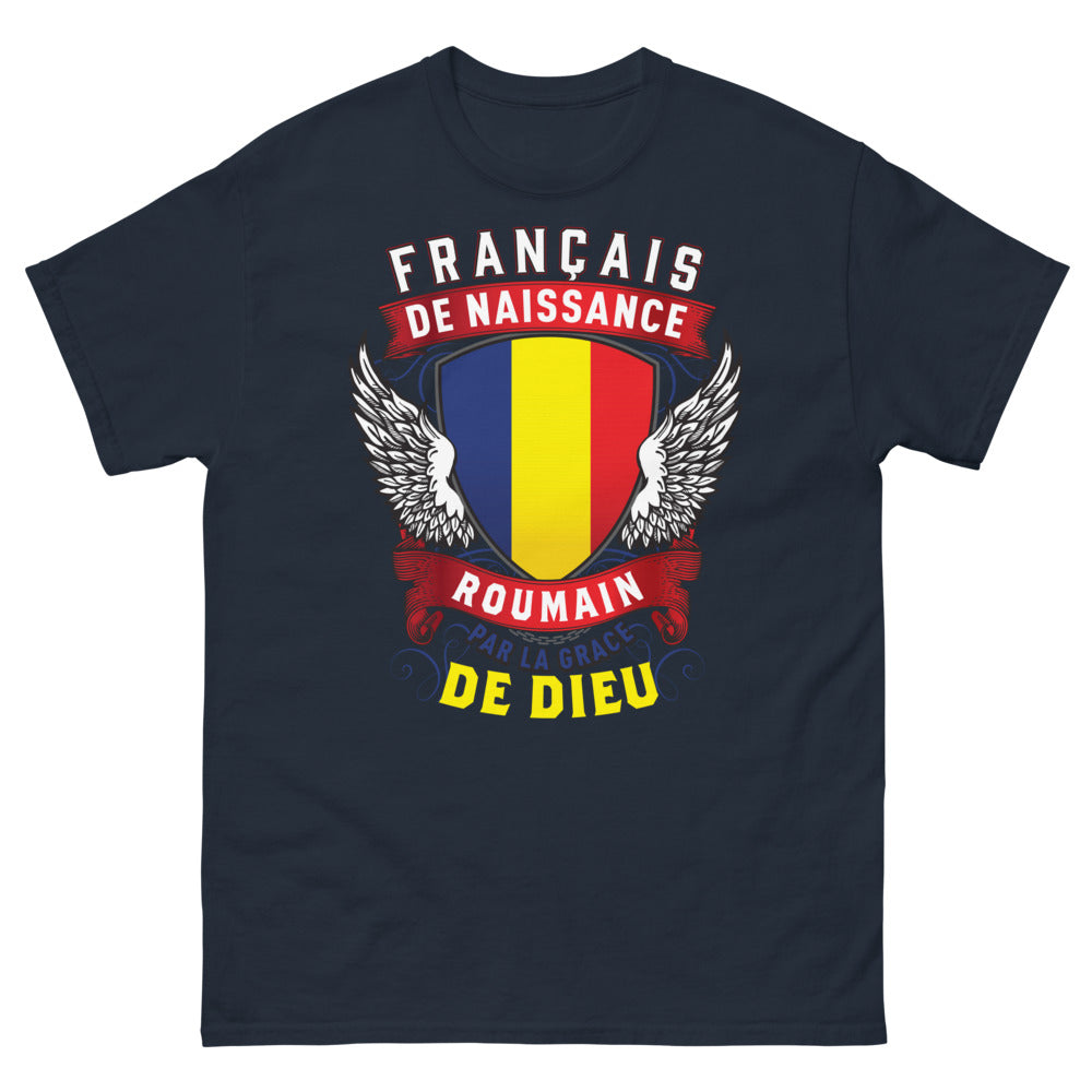 T-shirt Français de naissance, Roumain marine - Français de naissance, Roumain par la grâce de Dieu
