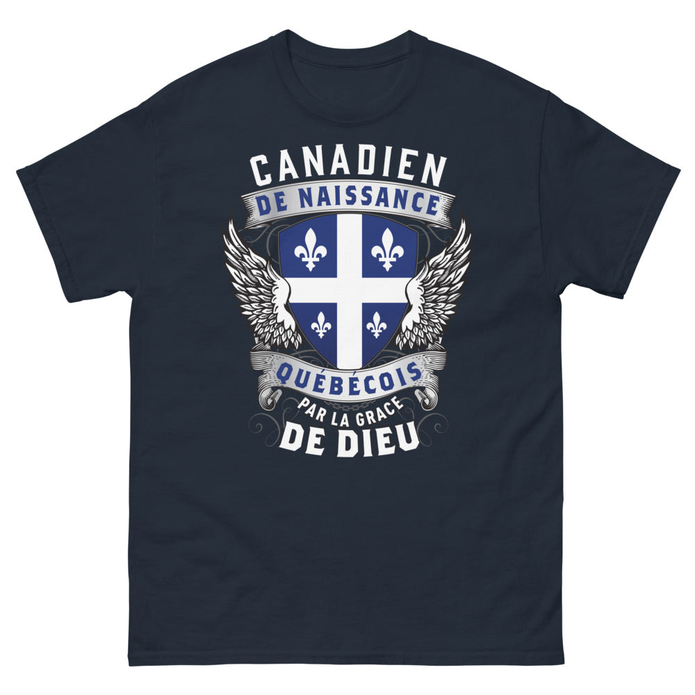 T-shirt Québécois marine - Canadien de naissance, Québécois par la grâce de Dieu