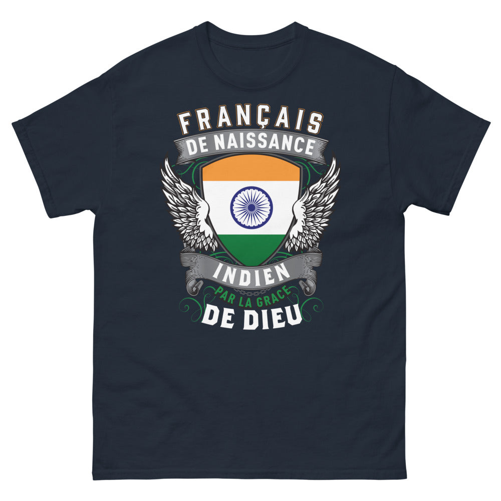 T-shirt franco-indien marine - Français de naissance, Indien par la grâce de Dieu