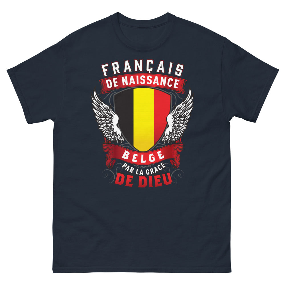 T-shirt Franco-Belge marine - Français de naissance, Belge par la grâce de Dieu
