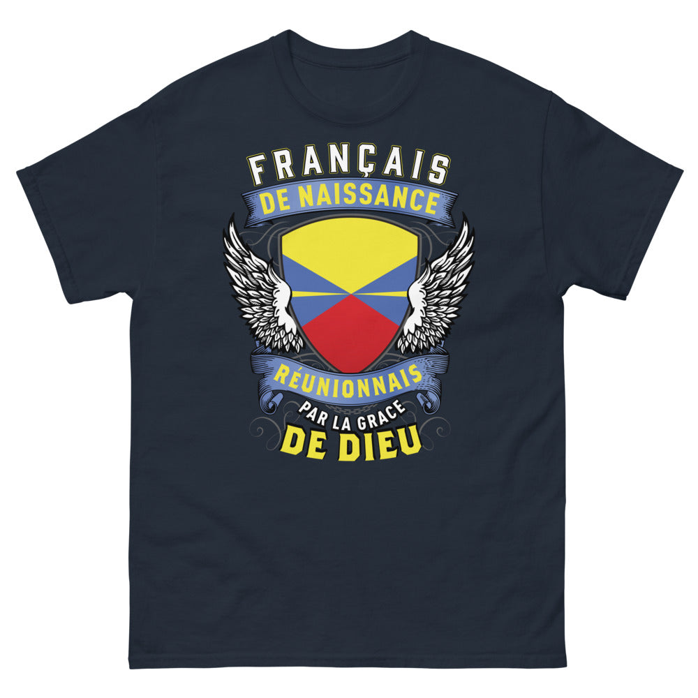 T-shirt Réunionnais marine - Français de naissance, Réunionnais par la grâce de Dieu