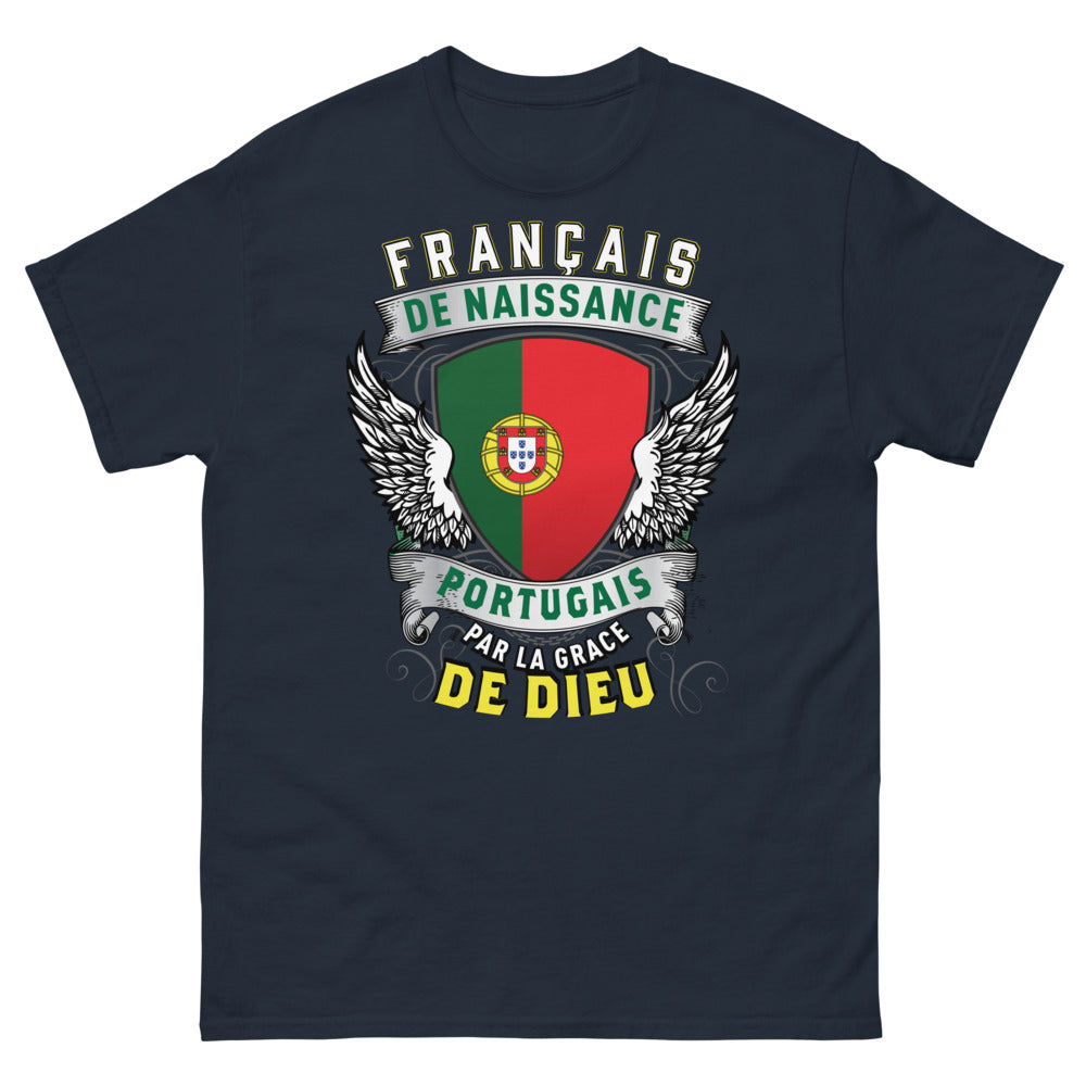 T-shirt Français/Portugais marine - Français de naissance, Portugais par la Grâce de Dieu