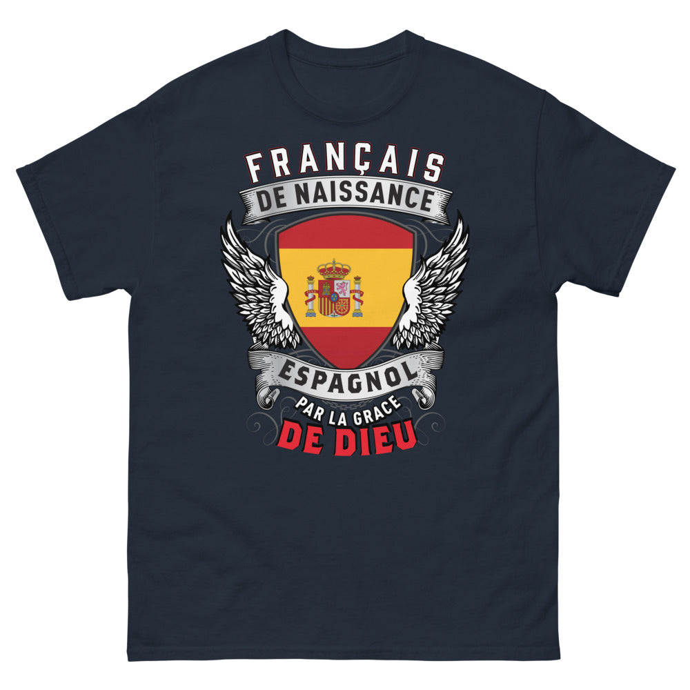 T-shirt Français/Espagnol marine - Français de naissance, Espagnol par la grâce de Dieu
