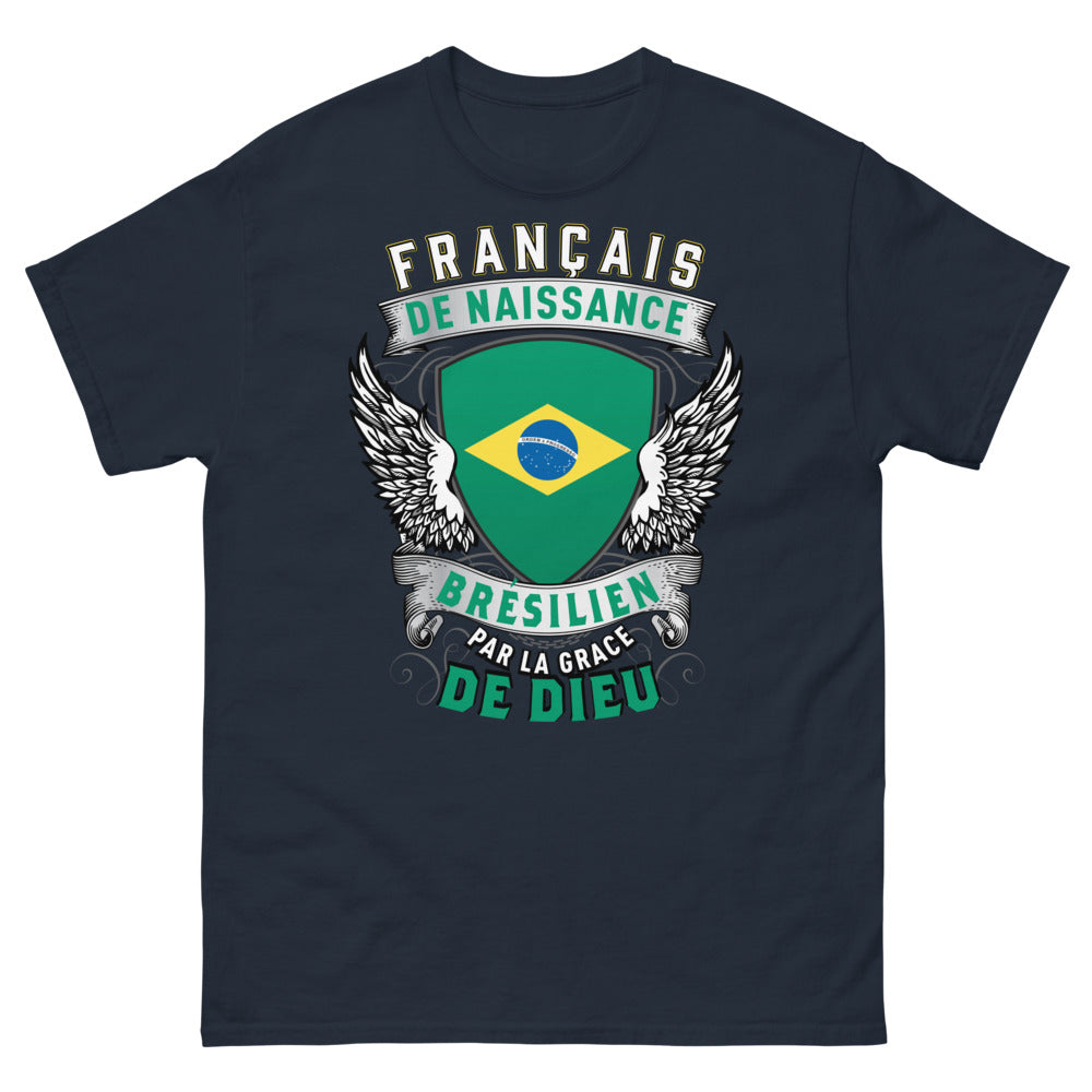 T-shirt Franco-brésilien marine - Français de naissance, Brésilien par la grâce de Dieu