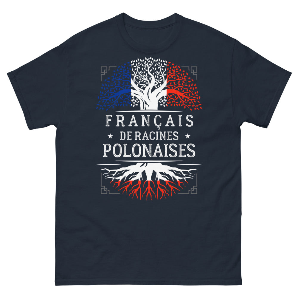 T-shirt Français racines polonaises marine - pierogi et camembert
