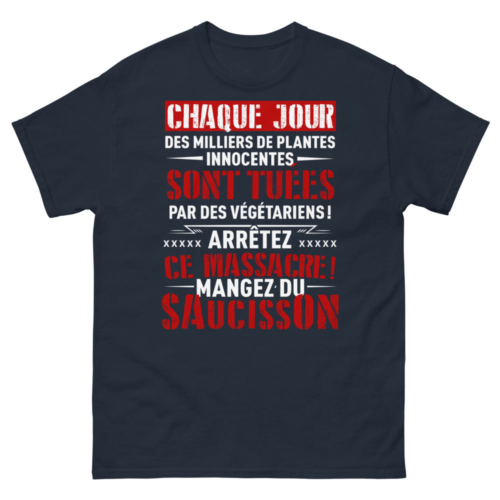 T-shirt Anti-végétarien marine - Message saucisson piquant