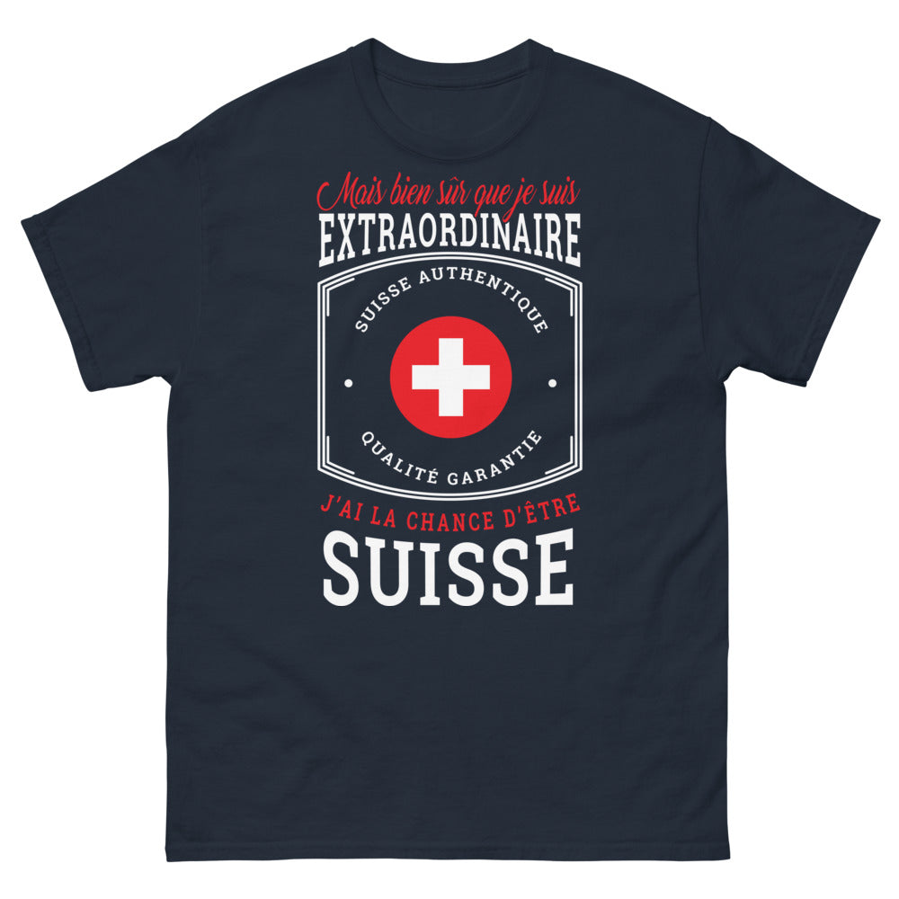 T-shirt Suisse marine - Message humoristique « Fier d'être Suisse »