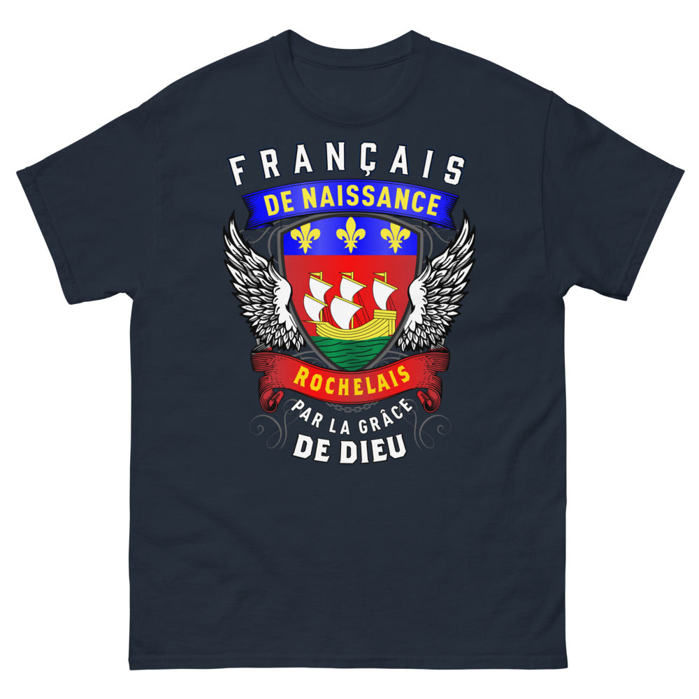 T-shirt Rochelais marine - Français de naissance, slogan humoristique