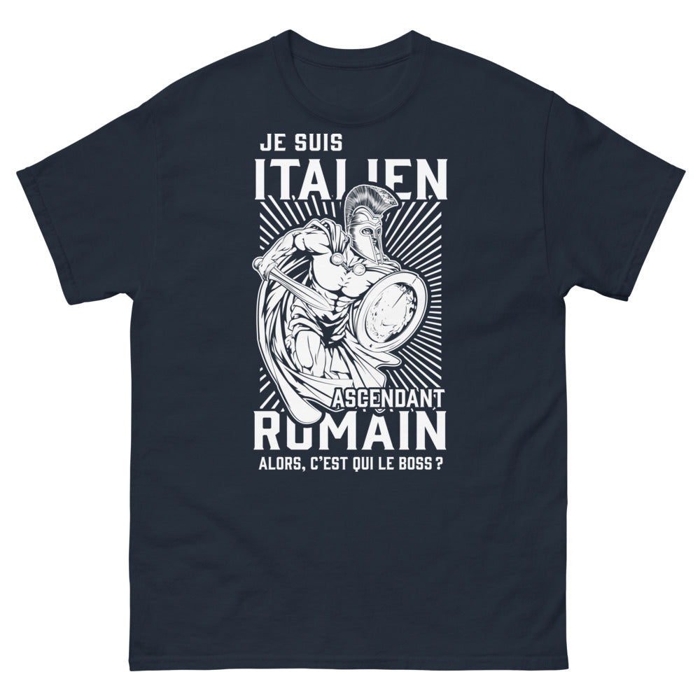 T-shirt Italien ascendant Roumain marine - Je suis Italien ascendant Roumain : c'est qui le boss ?
