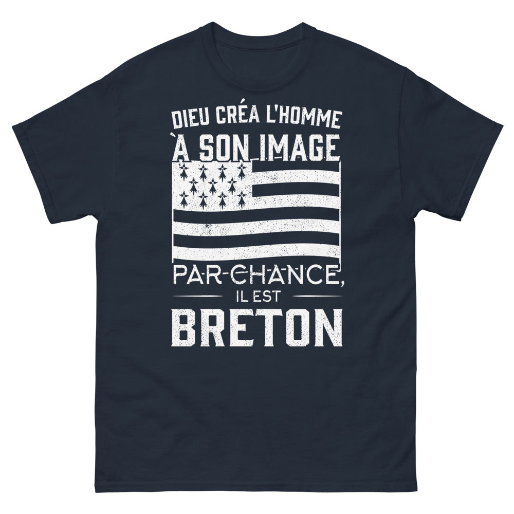 T-shirt Bretagne marine - 'Dieu créa l'homme à son image et par chance, il est Breton'