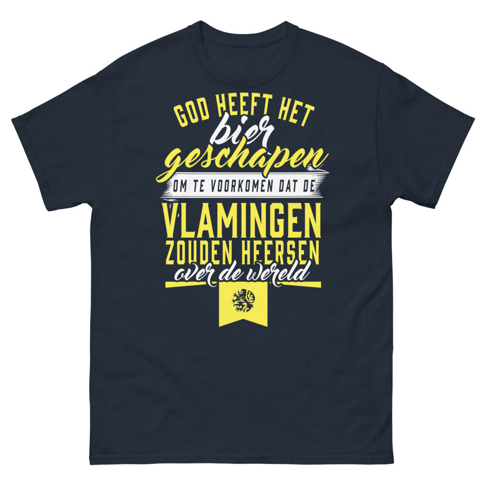 T-shirt Flandres marine - slogan 'Dieu a créé la bière' dérision flamande