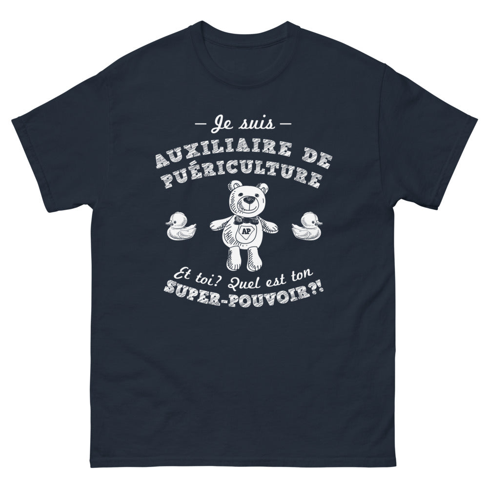 T-shirt Auxiliaire de puériculture marine - Quel est ton super-pouvoir ?