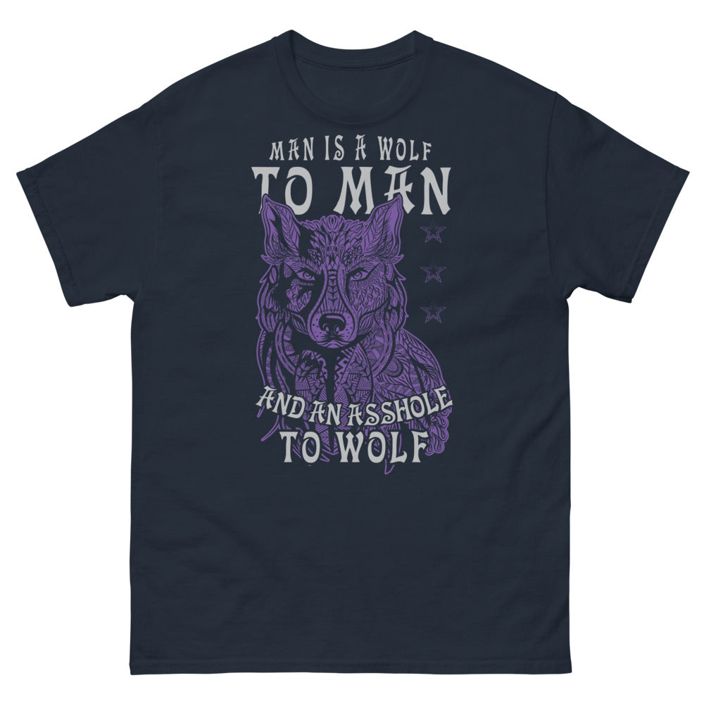 T-shirt citation 'Man is a Wolf' marine - phrase provocante