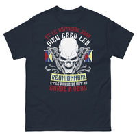Thumbnail for T-shirt Réunionnais marine - Dieu créa les Réunionnais, diable au garde-à-vous