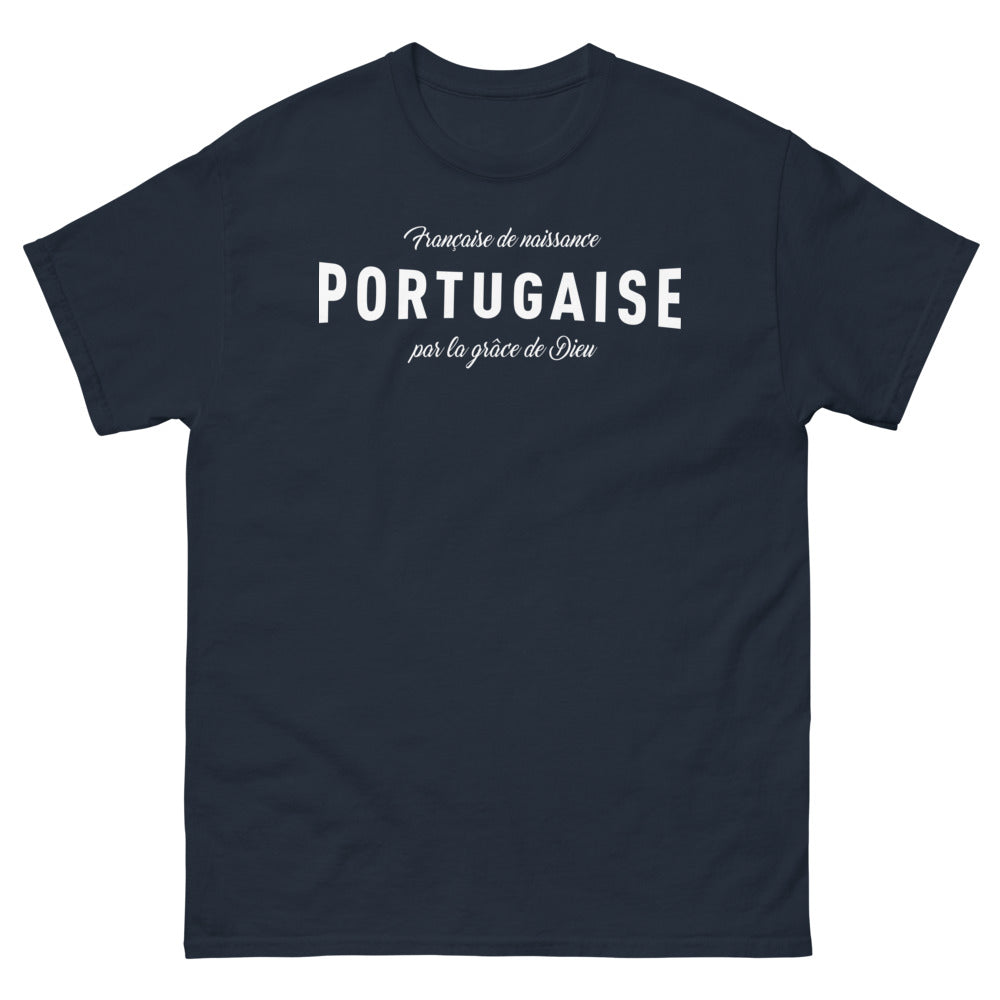 T-shirt Française de naissance Portugaise marine - double origine humour et fierté