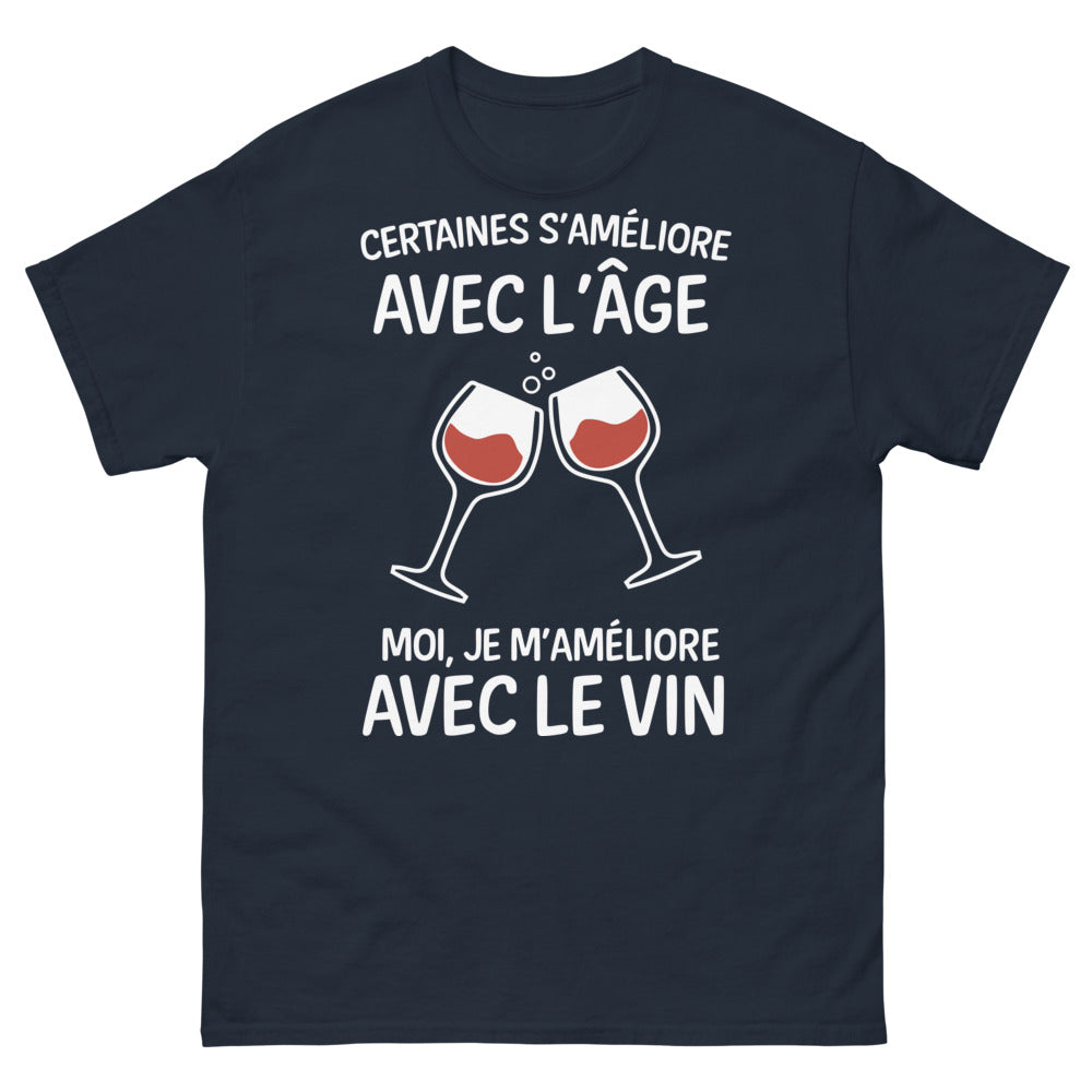 T-shirt vin et vieillesse noir dos - humour et sagesse du temps