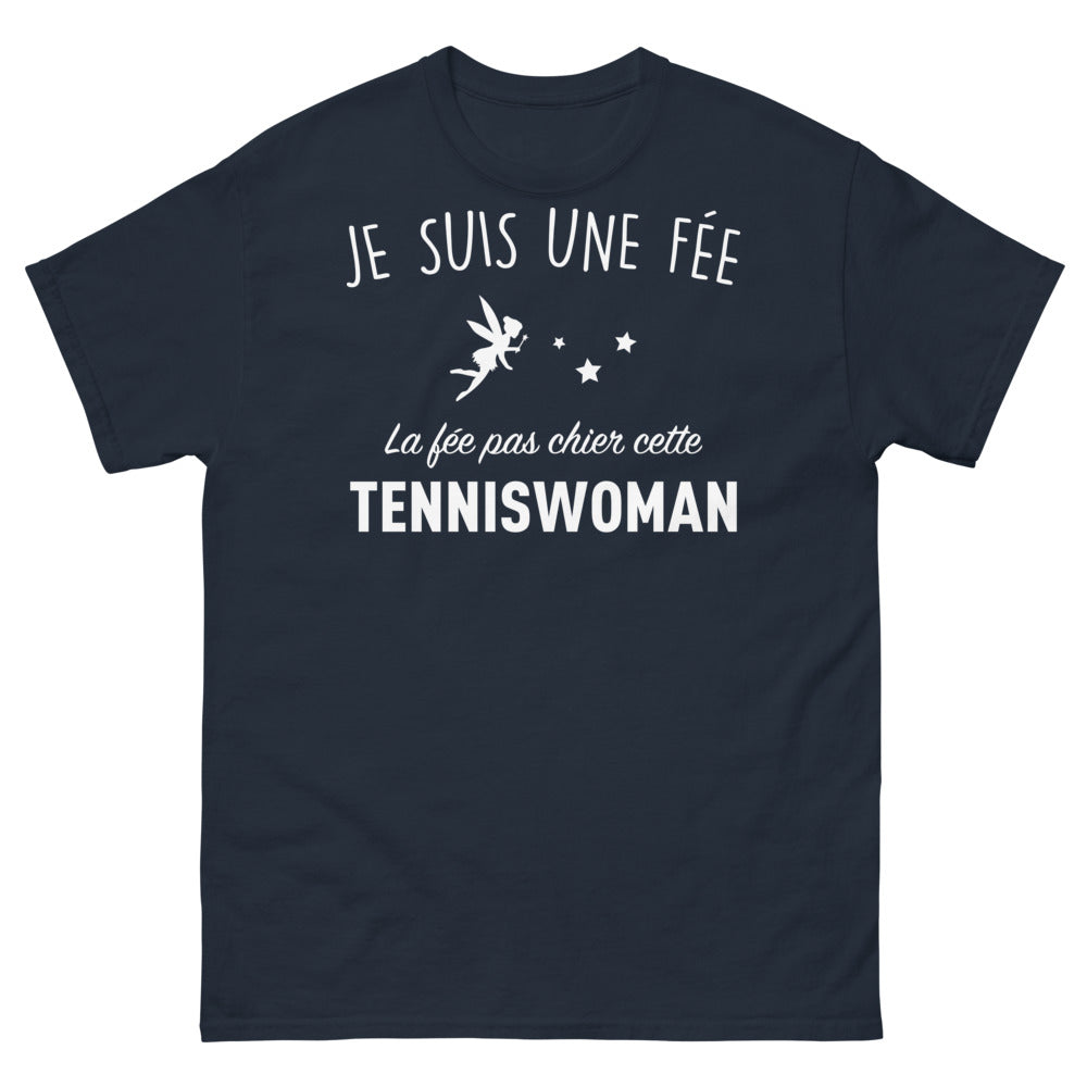 T-shirt tenniswoman hexagonale marine - fée sur court, humour et magie