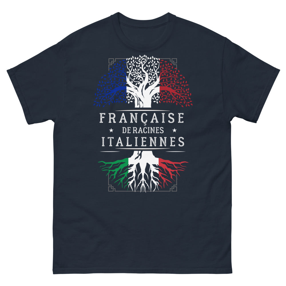 T-shirt Française de Racines Italiennes marine - pasta, fromage et fierté