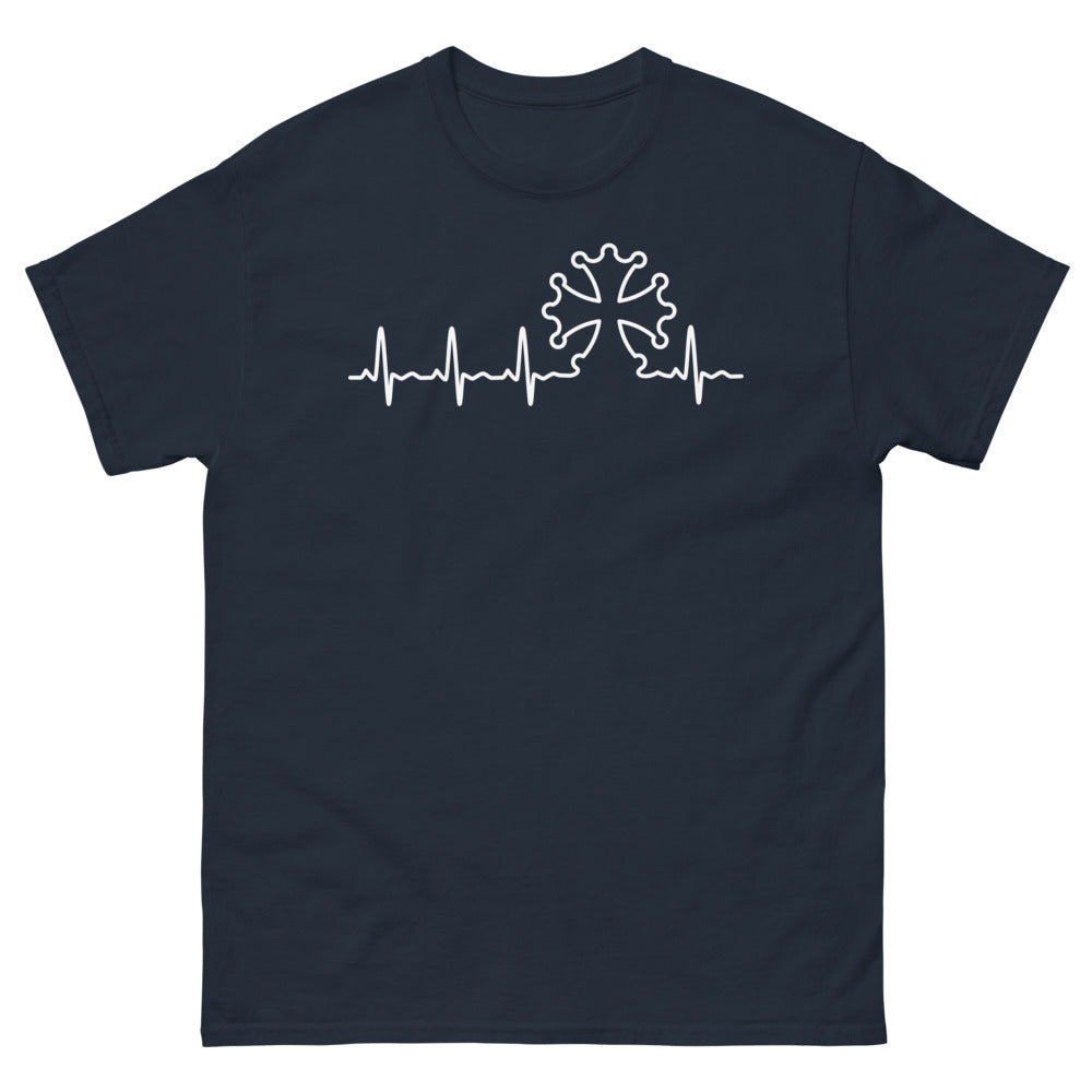 T-shirt Occitanie marine - croix occitane et cardiogramme