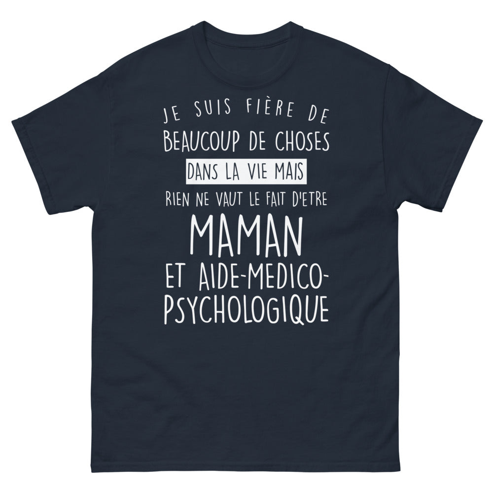 T-shirt Maman et aide médico-psychologique marine - fierté et dévouement
