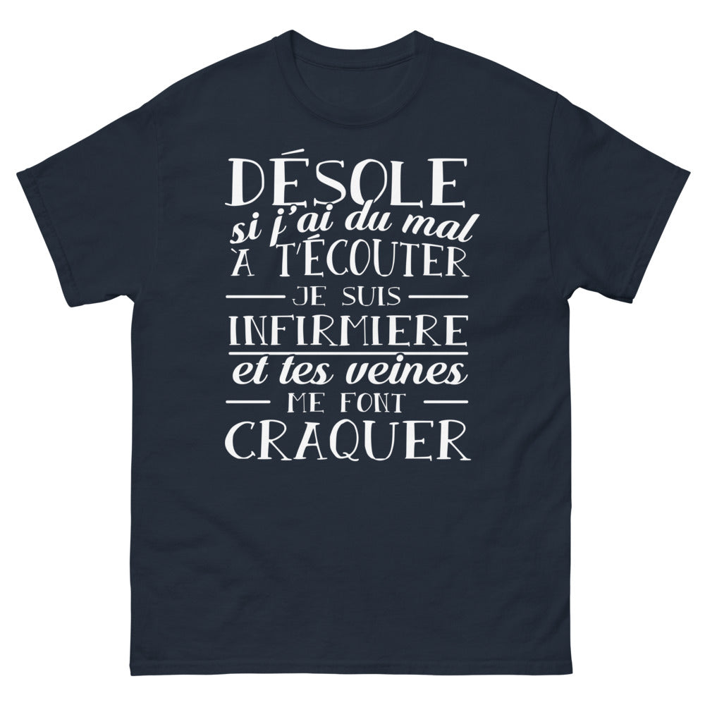 T-shirt infirmière marine - Désolé si j'ai du mal à écouter