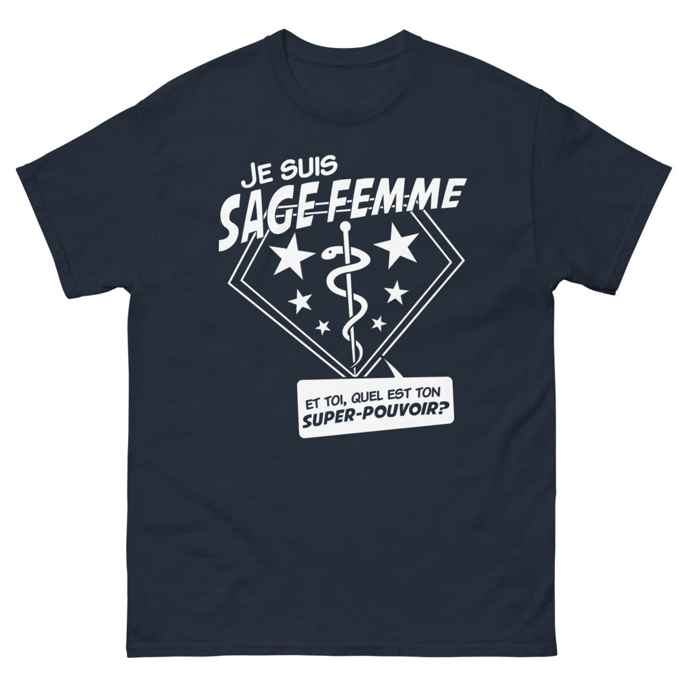 T-shirt sage-femme marine - quel est ton super pouvoir ?