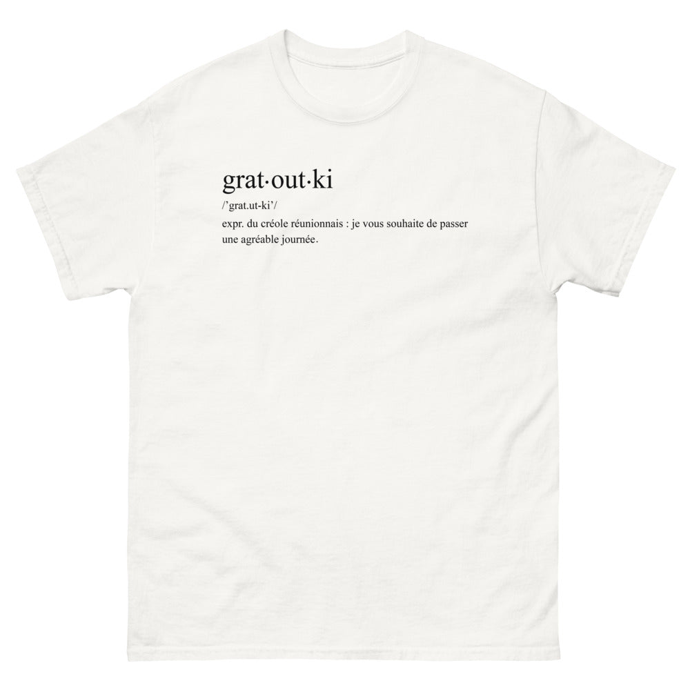T-shirt Réunionnais blanc - Grat Out Ki, expression créole solaire
