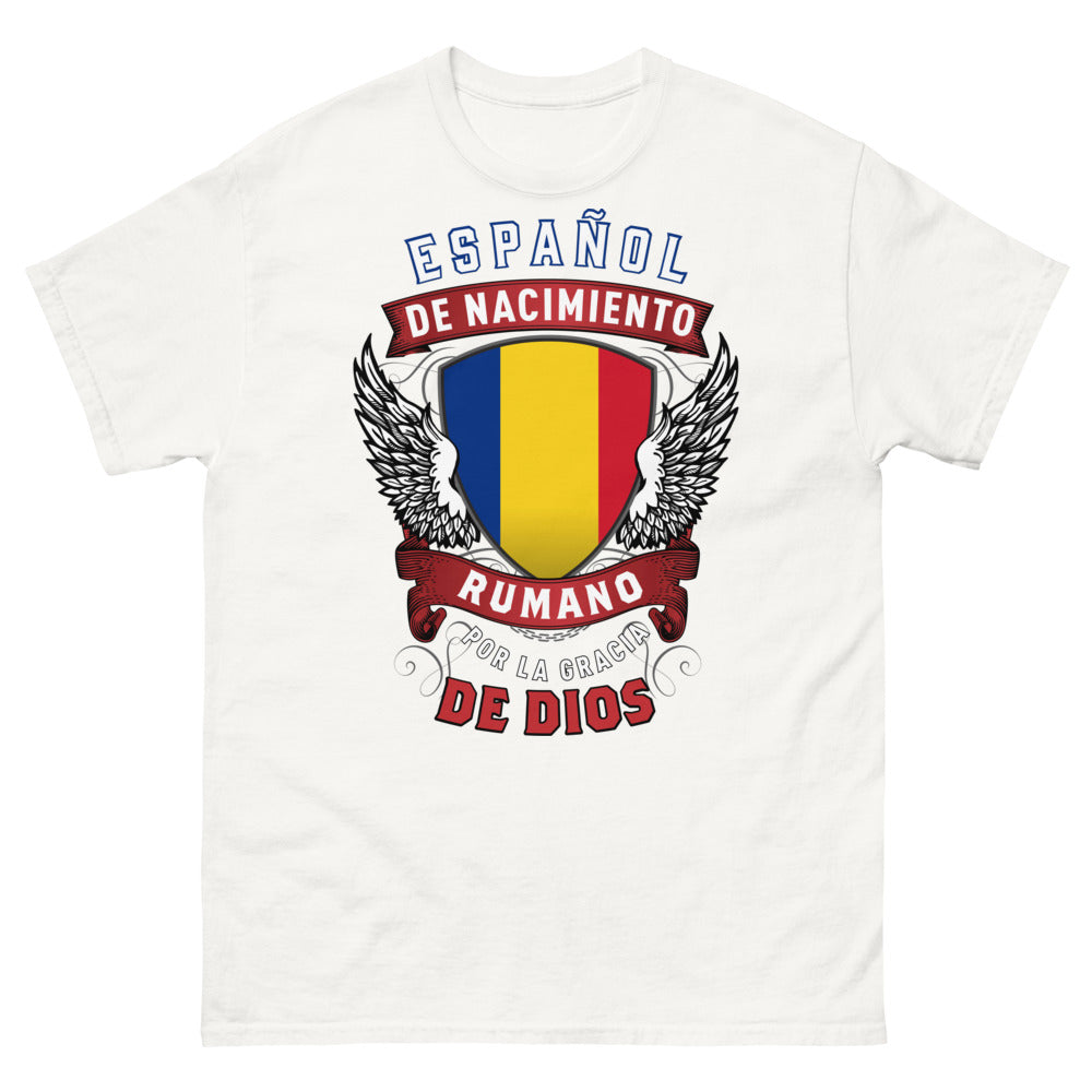 T-shirt Espagne Roumanie blanc - Español de Nacimiento, Rumano por la Gracia de Dios