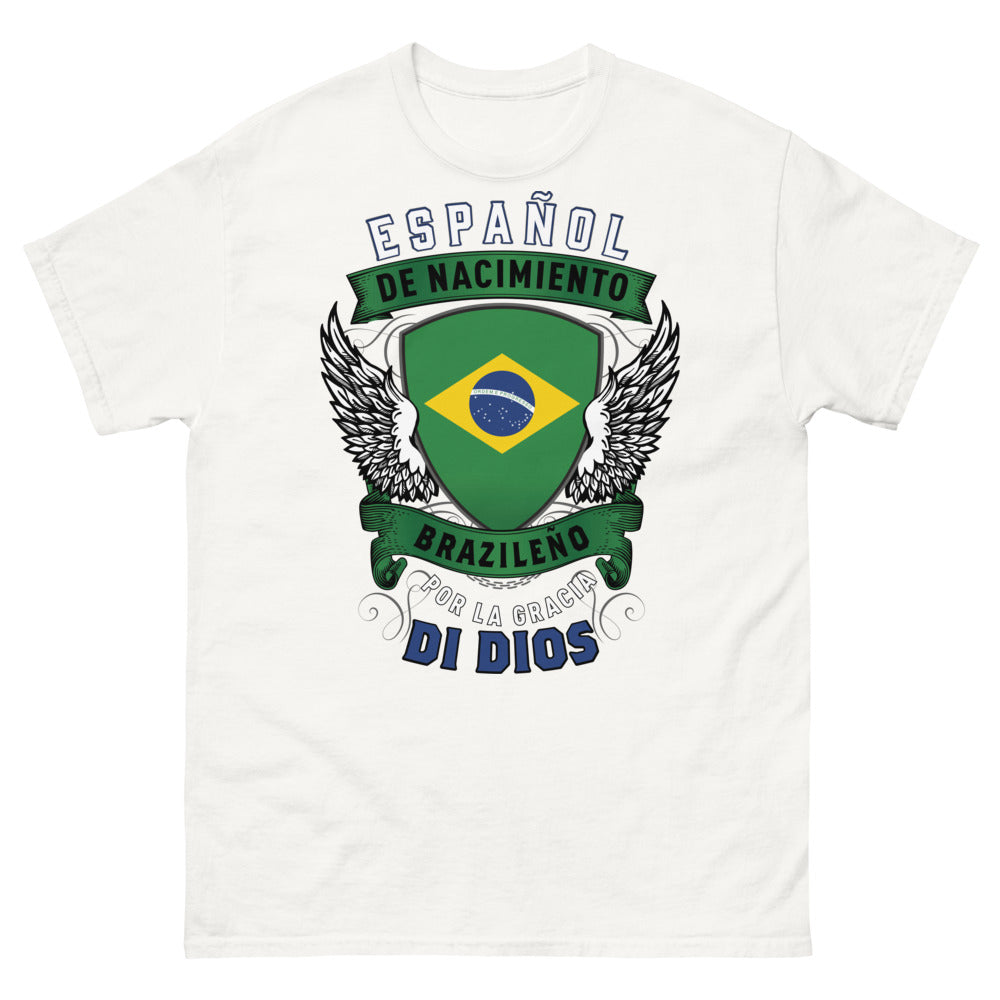 T-shirt Espagne Brésil blanc - Español de Nacimiento, Brasileño por la Gracia de Dios