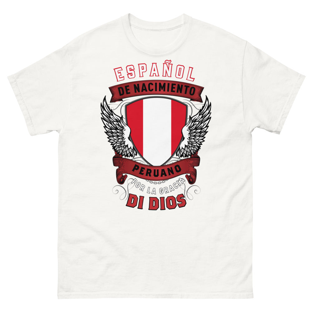 T-shirt Español de nacimiento, Peruano por la gracia de Dios blanc - fierté et humour