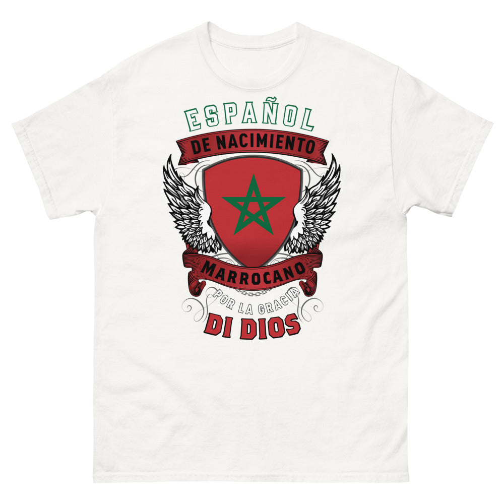 T-shirt Espagne-Maroc blanc - Español de nacimiento, Marrueco por la gracia de Dios