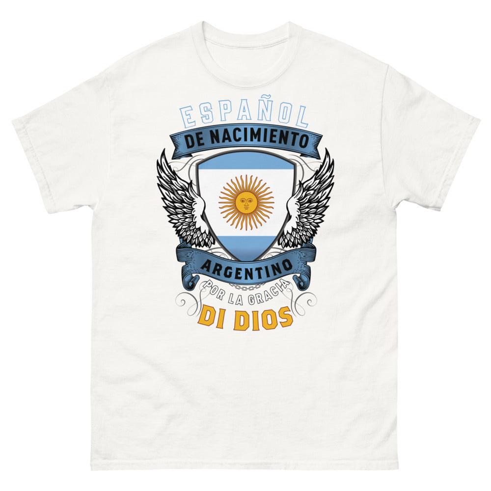T-shirt Espagnol-Argentin blanc - 'Español de Nacimiento, Argentino por la Gracia de Dios'